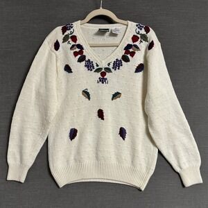 Vintage Northern Reflections Sweater S Cream Cotton Embroidered Fruit Knit Fall
